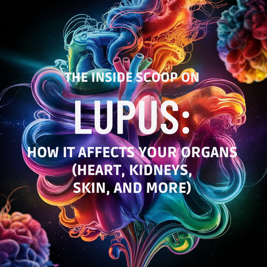 Colorful liquid-ink styled illustration with bold white typography that reads: "The Inside Scoop on Lupus: How It Affects Your Organs (Heart, Kidneys, Skin, and More)"