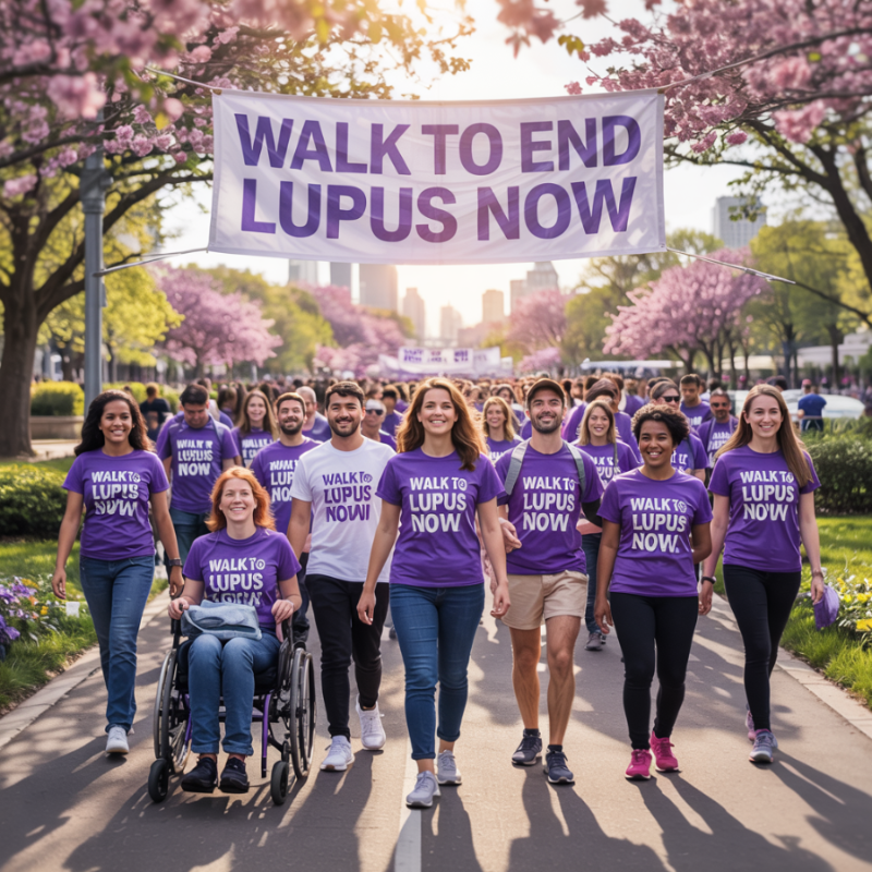 Group of diverse people walking under a banner that says Walk To End Lupus Now