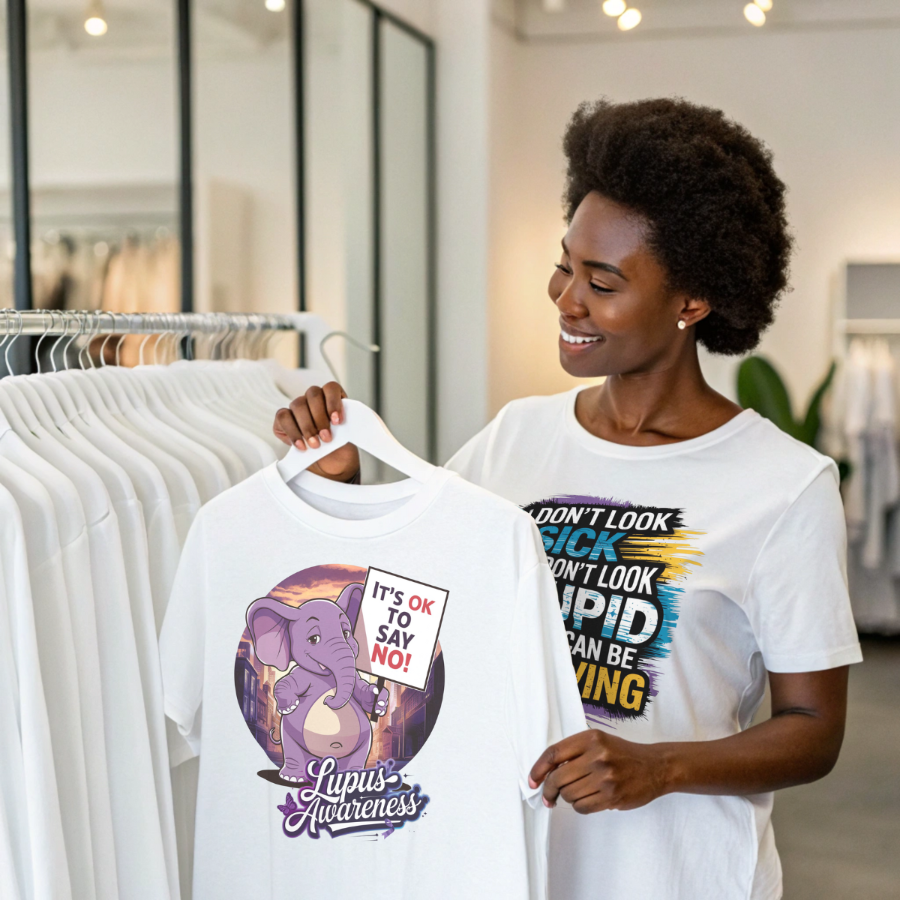 Woman holding a tshirt with OK To Say No Design